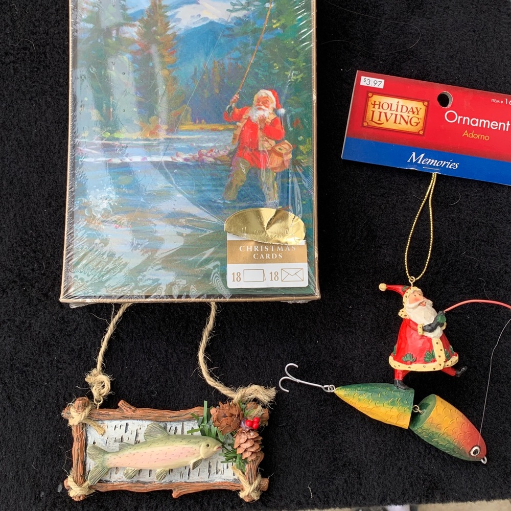 Fisherman Christmas bundle- vintage Santa fishing card and ornaments